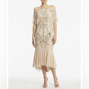 NWT AIDAN MATTOX Beige Sequined Embellished Halter Evening Hi-Lo Dress 4